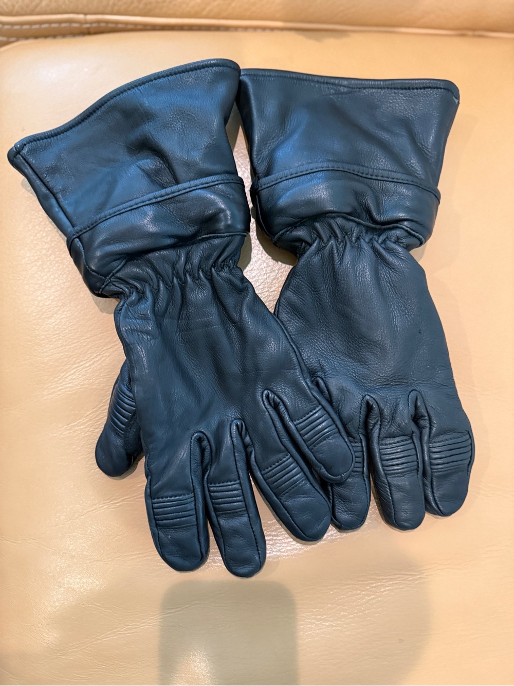 Men's Black Insulated Leather Gauntlet Motorcycle Gloves with Elastic Wrist